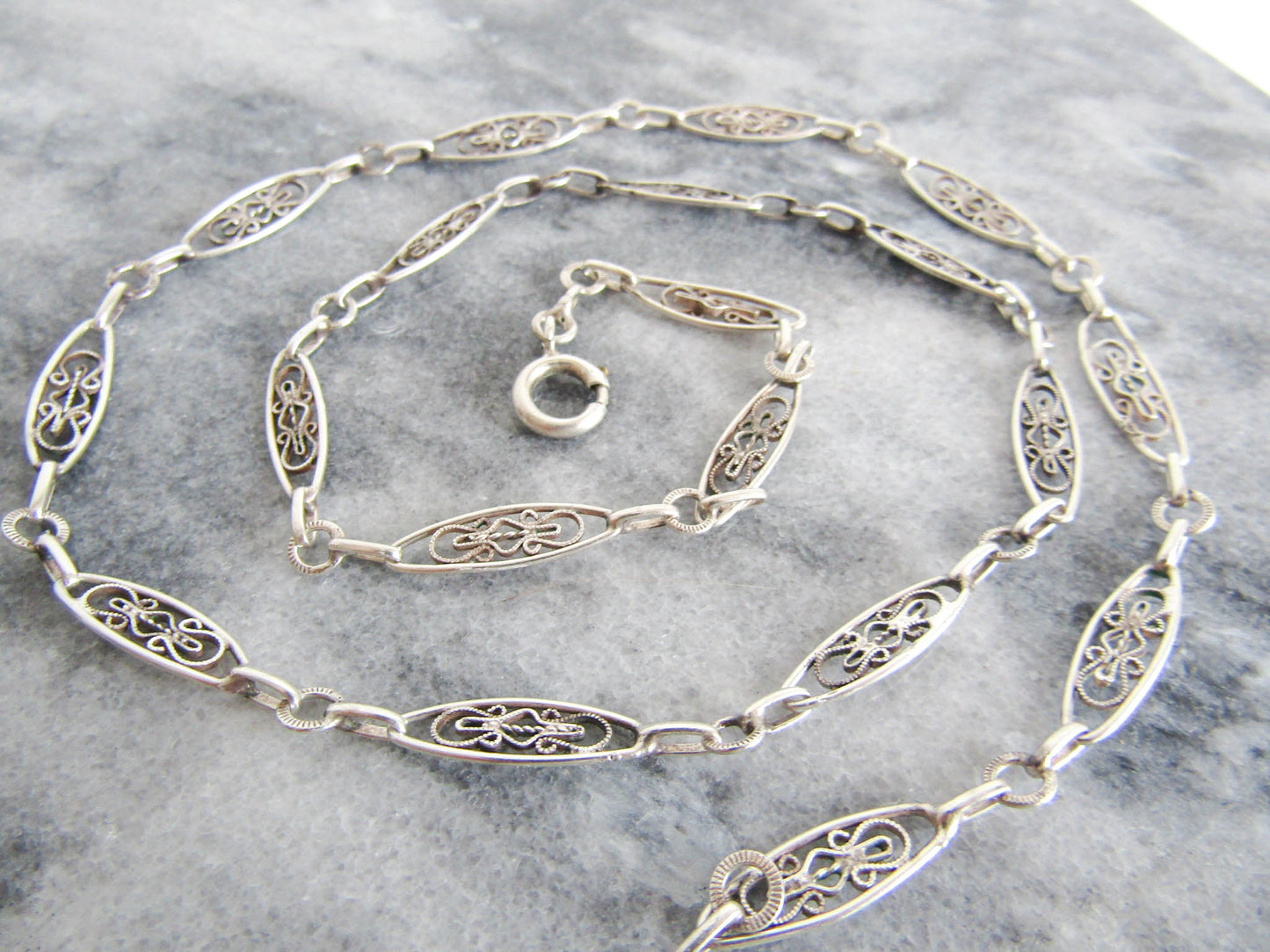 Antique Silver Filigree Chain, Victorian Silver Filigree French Necklace