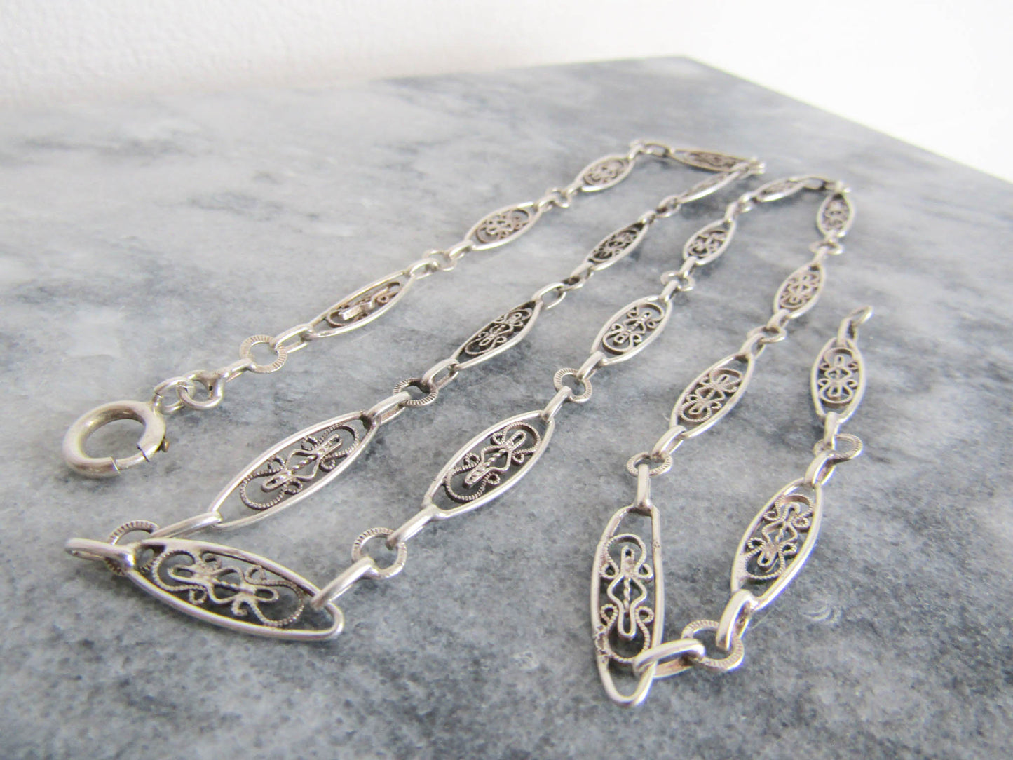 Antique Silver Filigree Chain, Victorian Silver Filigree French Necklace