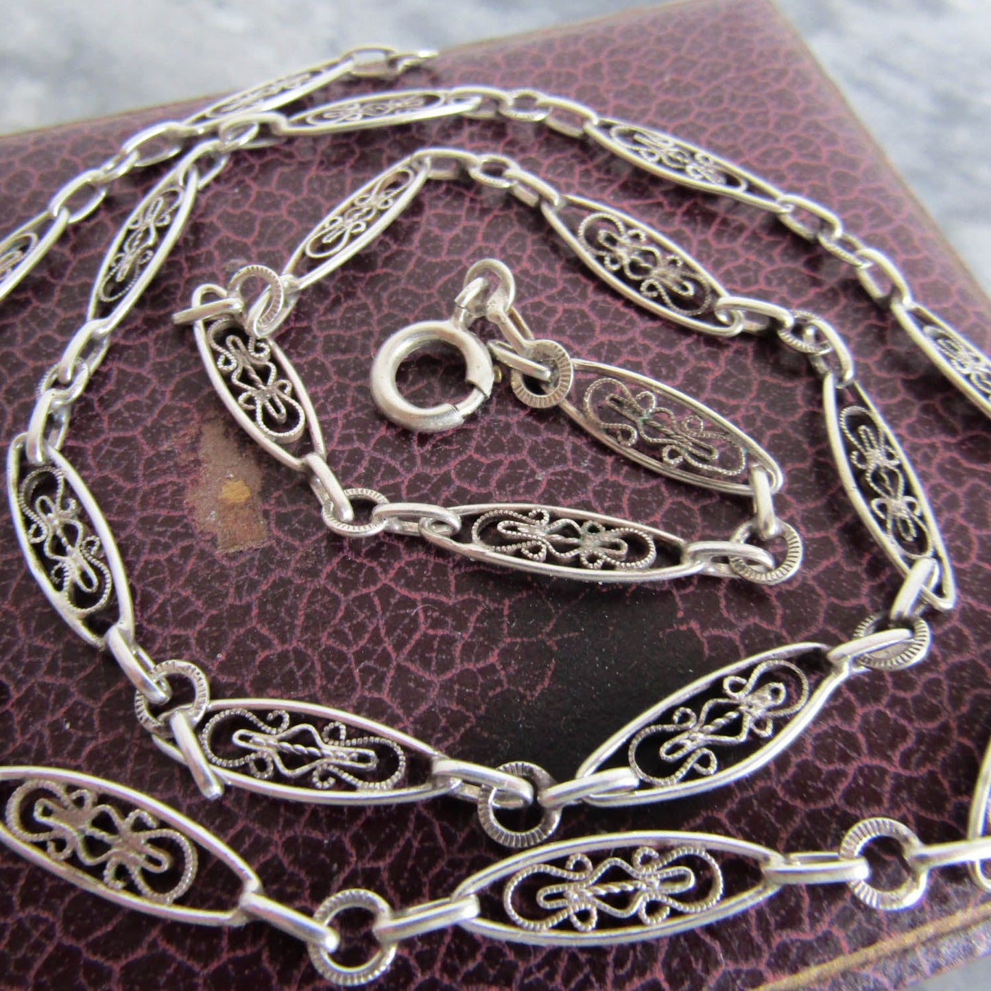 Antique Silver Filigree Chain, Victorian Silver Filigree French Necklace