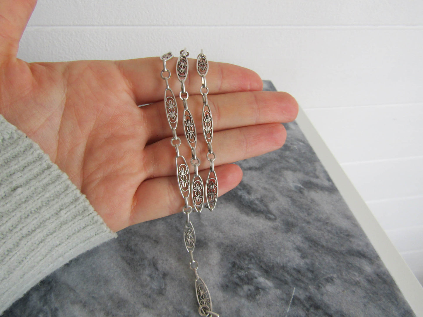 Antique Silver Filigree Chain, Victorian Silver Filigree French Necklace