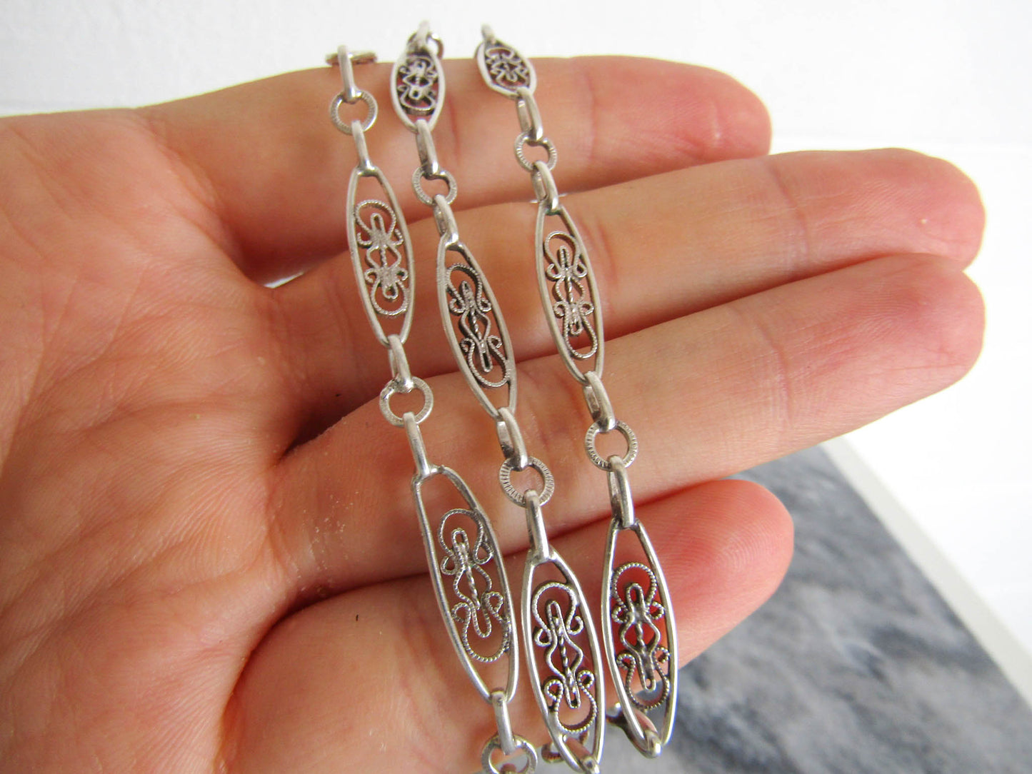 Antique Silver Filigree Chain, Victorian Silver Filigree French Necklace