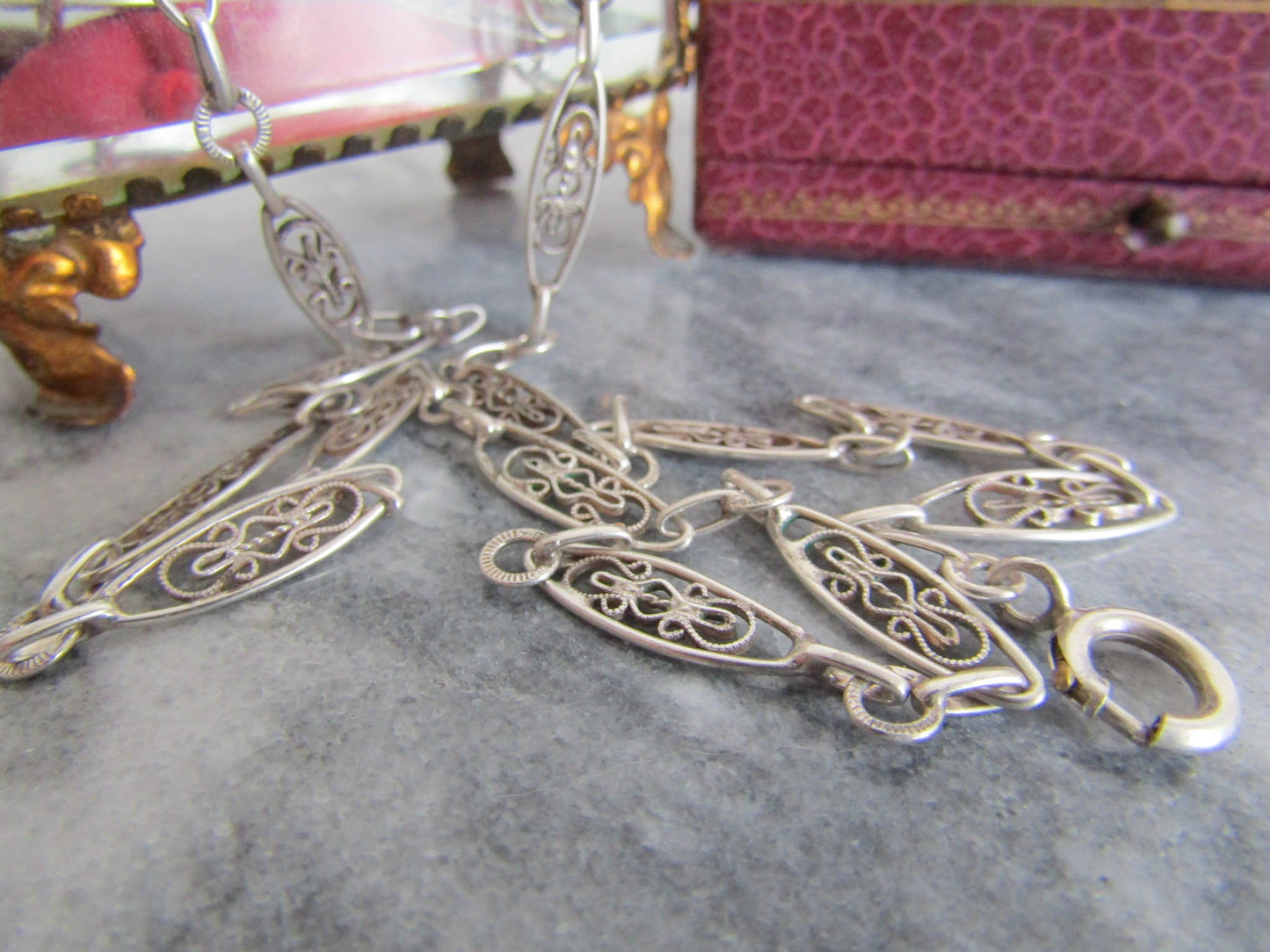 Antique Silver Filigree Chain, Victorian Silver Filigree French Necklace