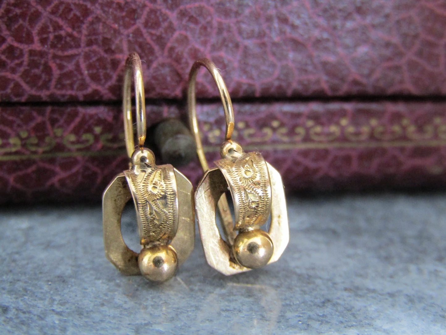 18k Victorian French Dormeuse Sleeper Earrings, Antique Gold Dangle Earrings, Napoleon III French Drop Earrings