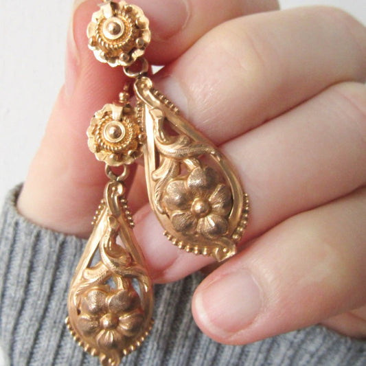 Victorian 18K Gold Day & Night Drop Earrings, 3 in 1 French Earrings circa 1860, Something Old, Bridal Earrings