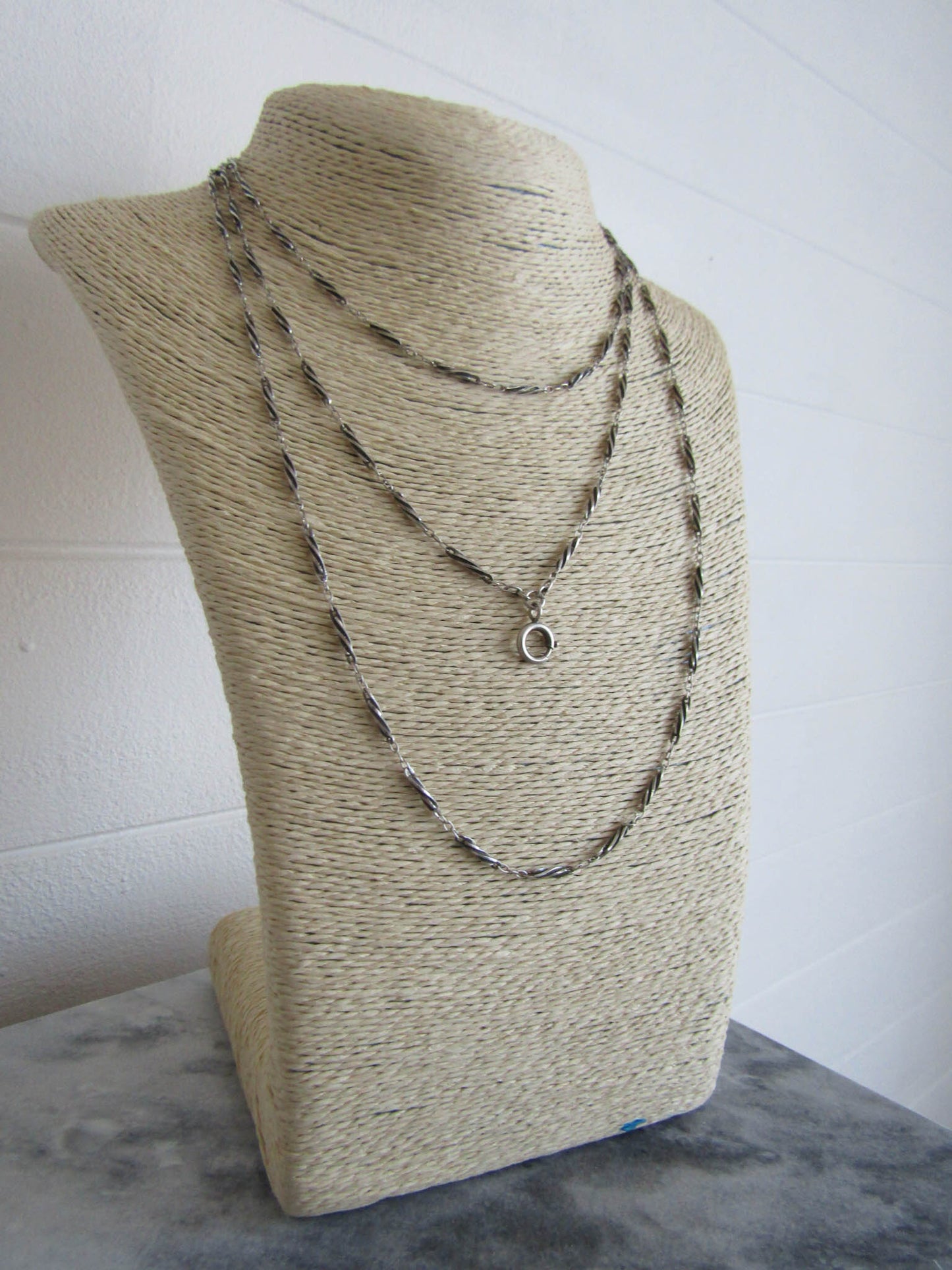 56" Silver Victorian Long Guard Chain with Twisted Links, Antique French Silver Muff Chain c. 1900