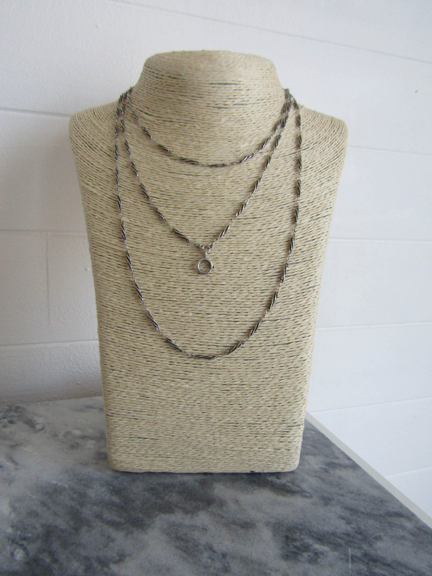 56" Silver Victorian Long Guard Chain with Twisted Links, Antique French Silver Muff Chain c. 1900