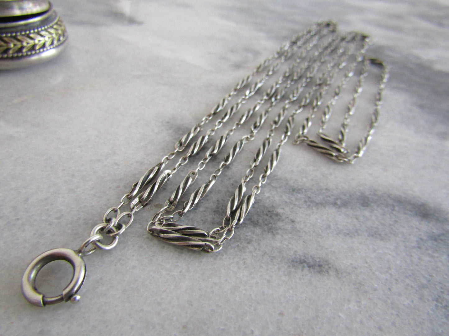 56" Silver Victorian Long Guard Chain with Twisted Links, Antique French Silver Muff Chain c. 1900