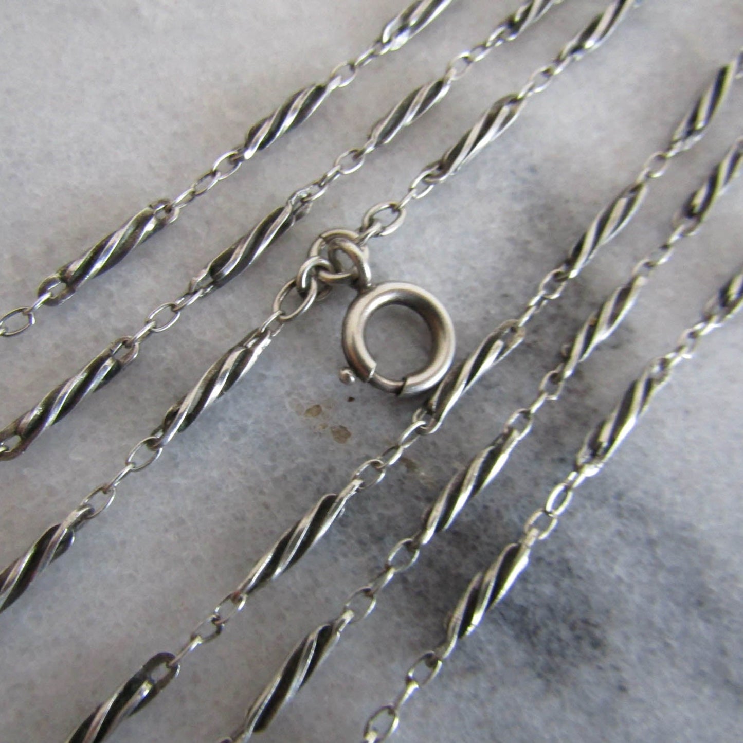 56" Silver Victorian Long Guard Chain with Twisted Links, Antique French Silver Muff Chain c. 1900