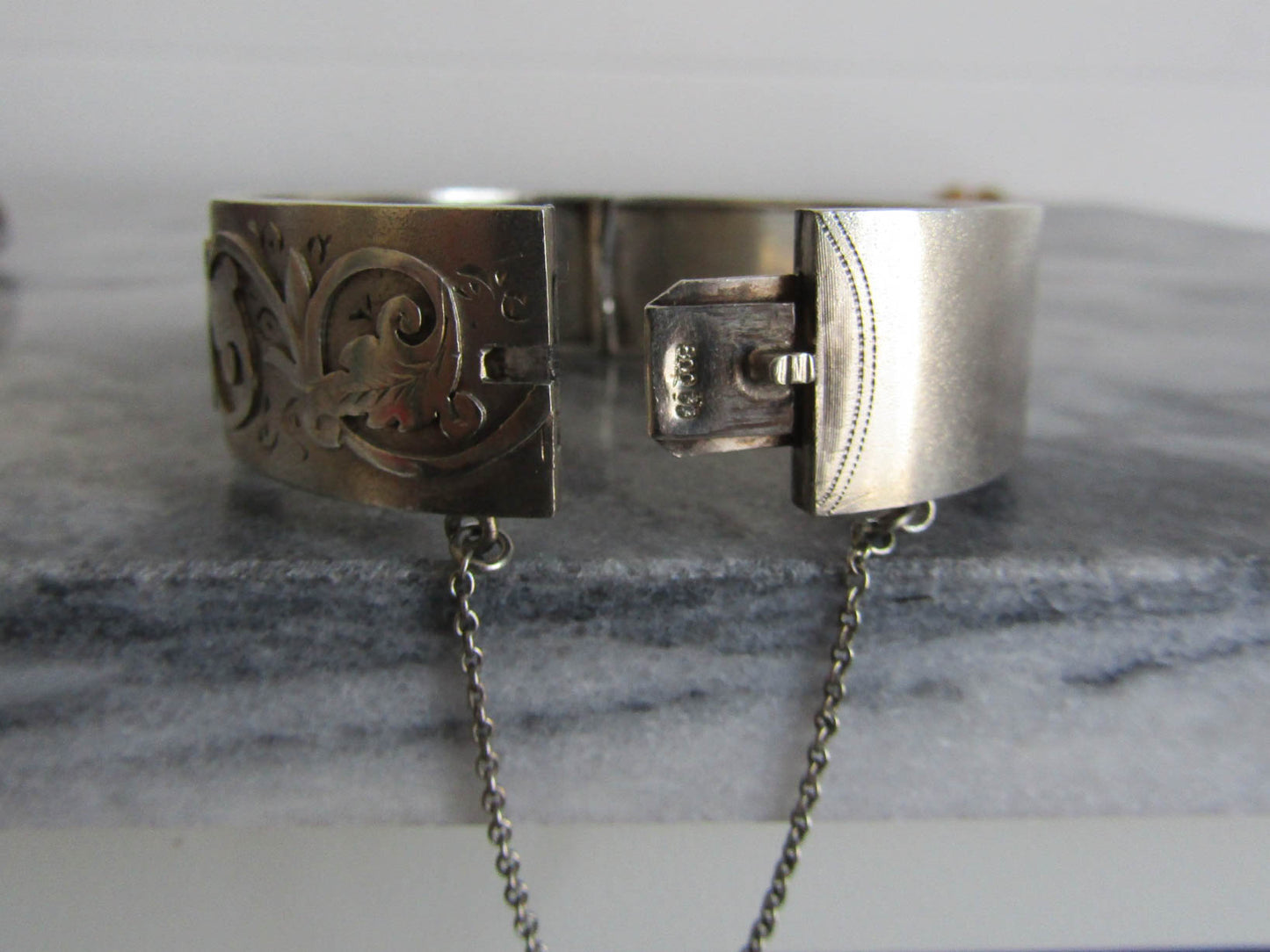 Child's Antique Silver Leaf Bangle, Antique French Box Clasp Bracelet