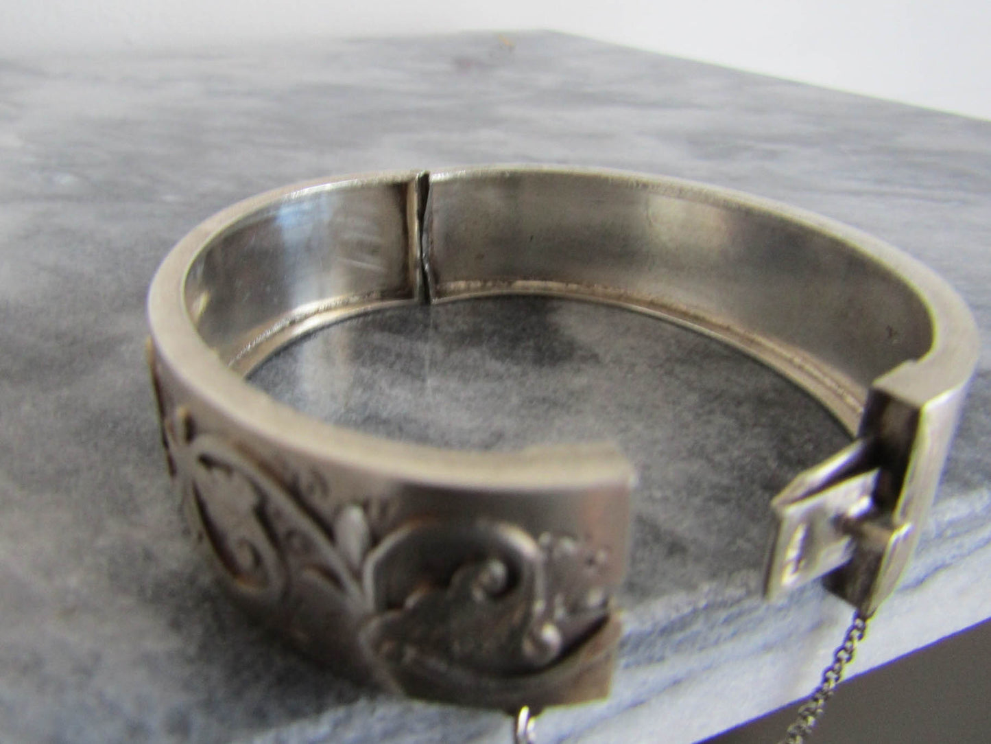 Child's Antique Silver Leaf Bangle, Antique French Box Clasp Bracelet