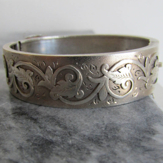 Child's Antique Silver Leaf Bangle, Antique French Box Clasp Bracelet