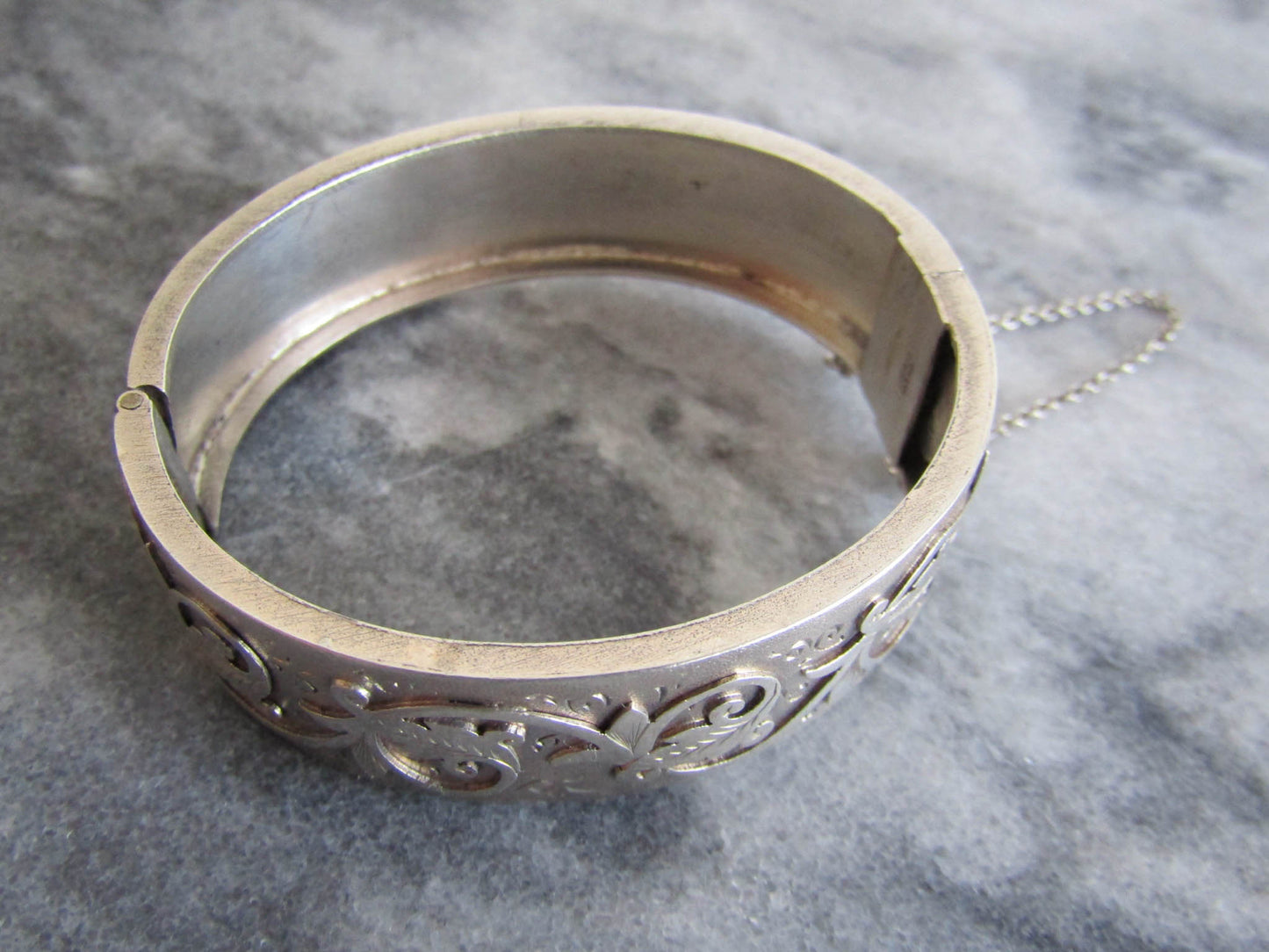 Child's Antique Silver Leaf Bangle, Antique French Box Clasp Bracelet