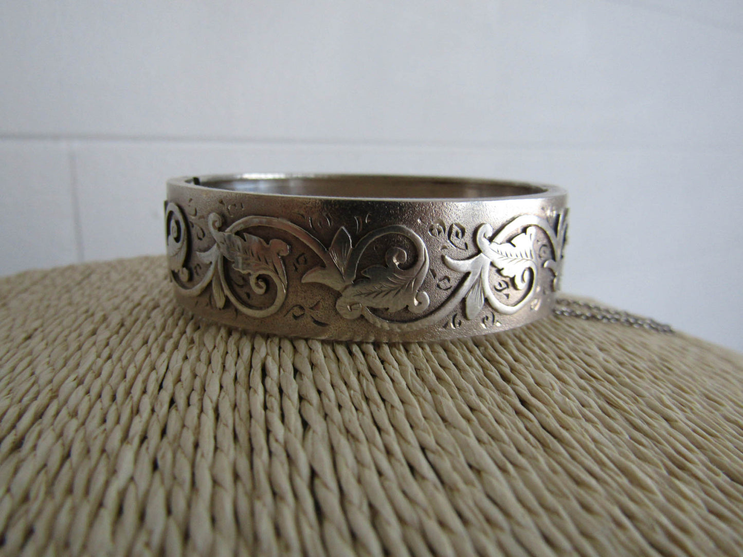 Child's Antique Silver Leaf Bangle, Antique French Box Clasp Bracelet