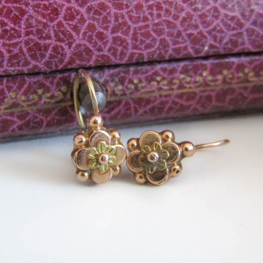 18K Gold Victorian Sleeper Drop Earrings, Antique French Floral Dangle Earrings