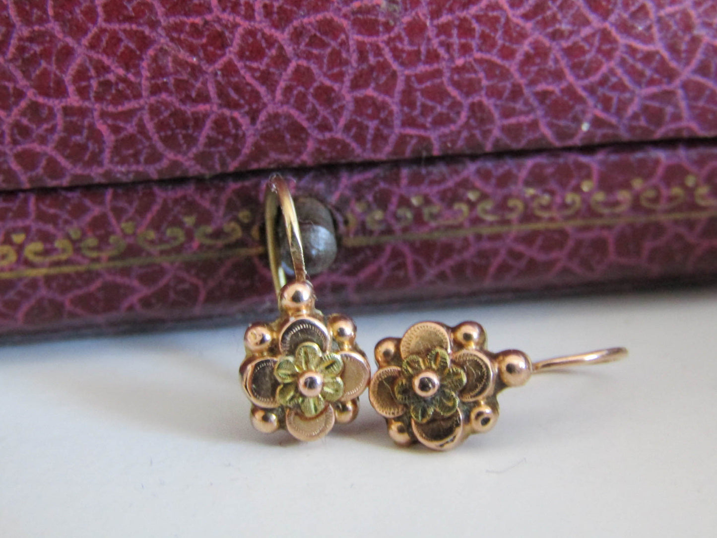 18K Gold Victorian Sleeper Drop Earrings, Antique French Floral Dangle Earrings