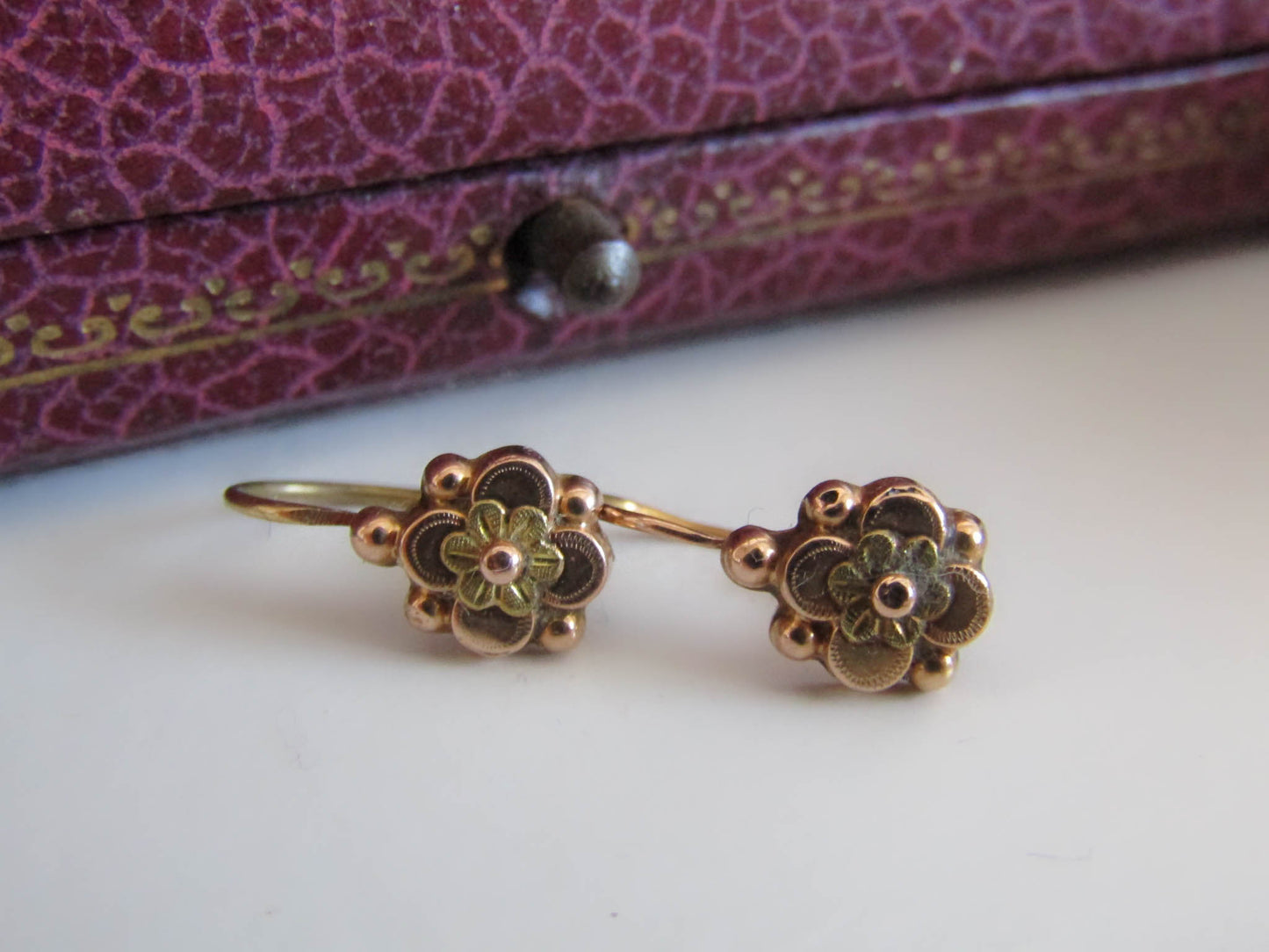 18K Gold Victorian Sleeper Drop Earrings, Antique French Floral Dangle Earrings