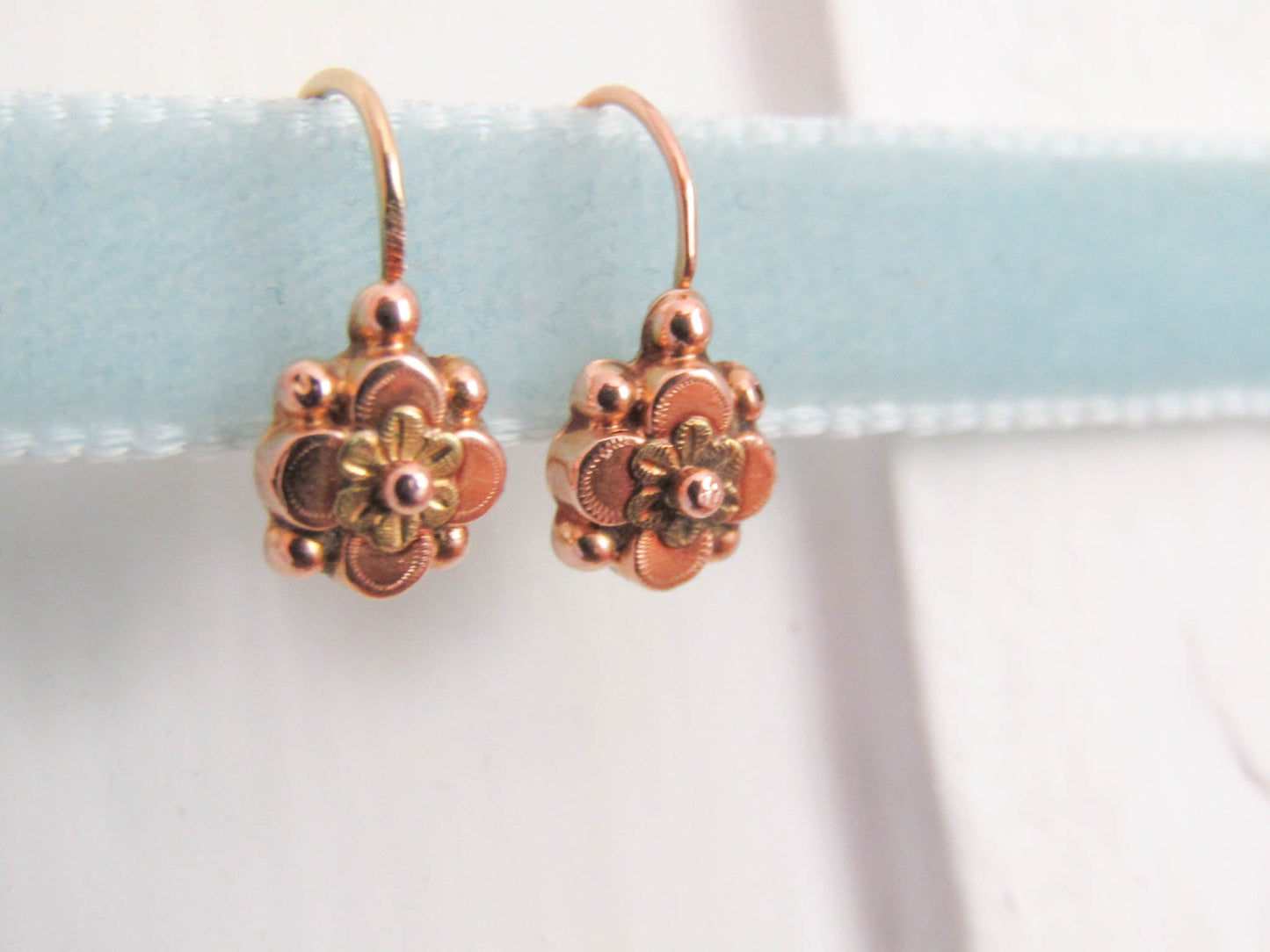 18K Gold Victorian Sleeper Drop Earrings, Antique French Floral Dangle Earrings