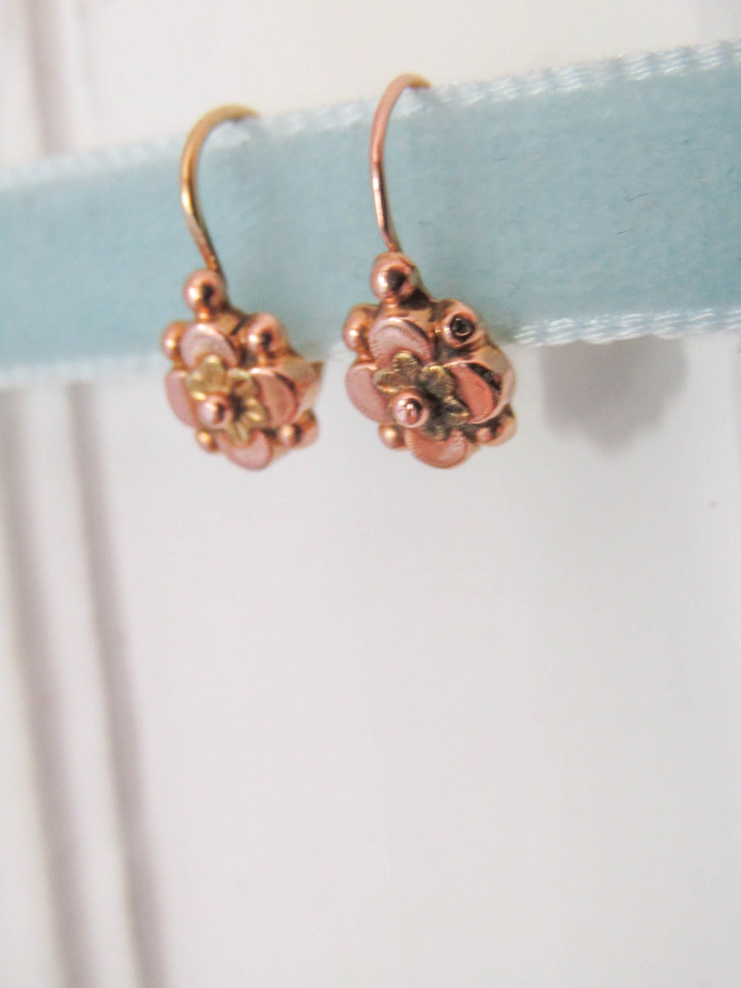 18K Gold Victorian Sleeper Drop Earrings, Antique French Floral Dangle Earrings