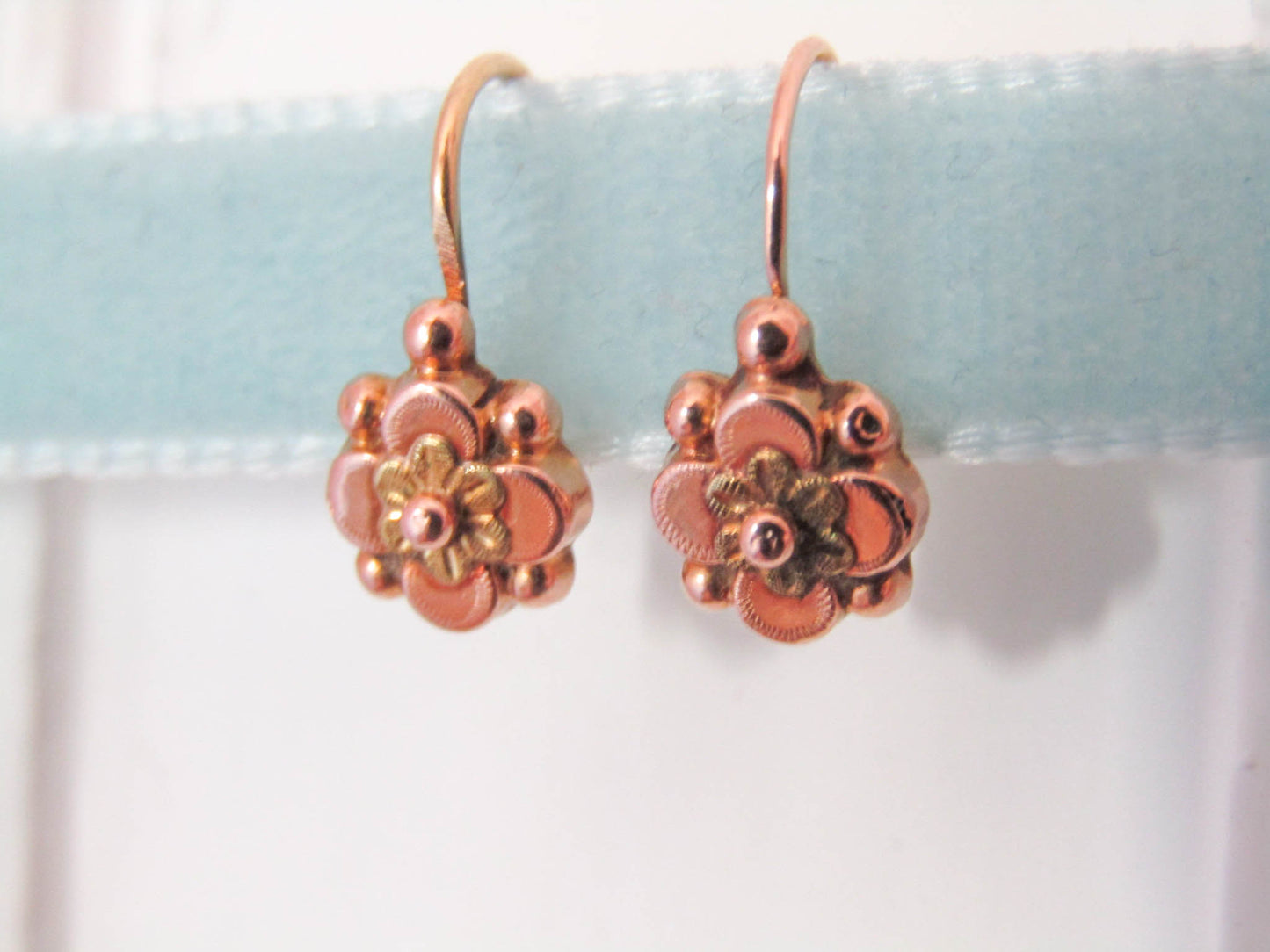 18K Gold Victorian Sleeper Drop Earrings, Antique French Floral Dangle Earrings