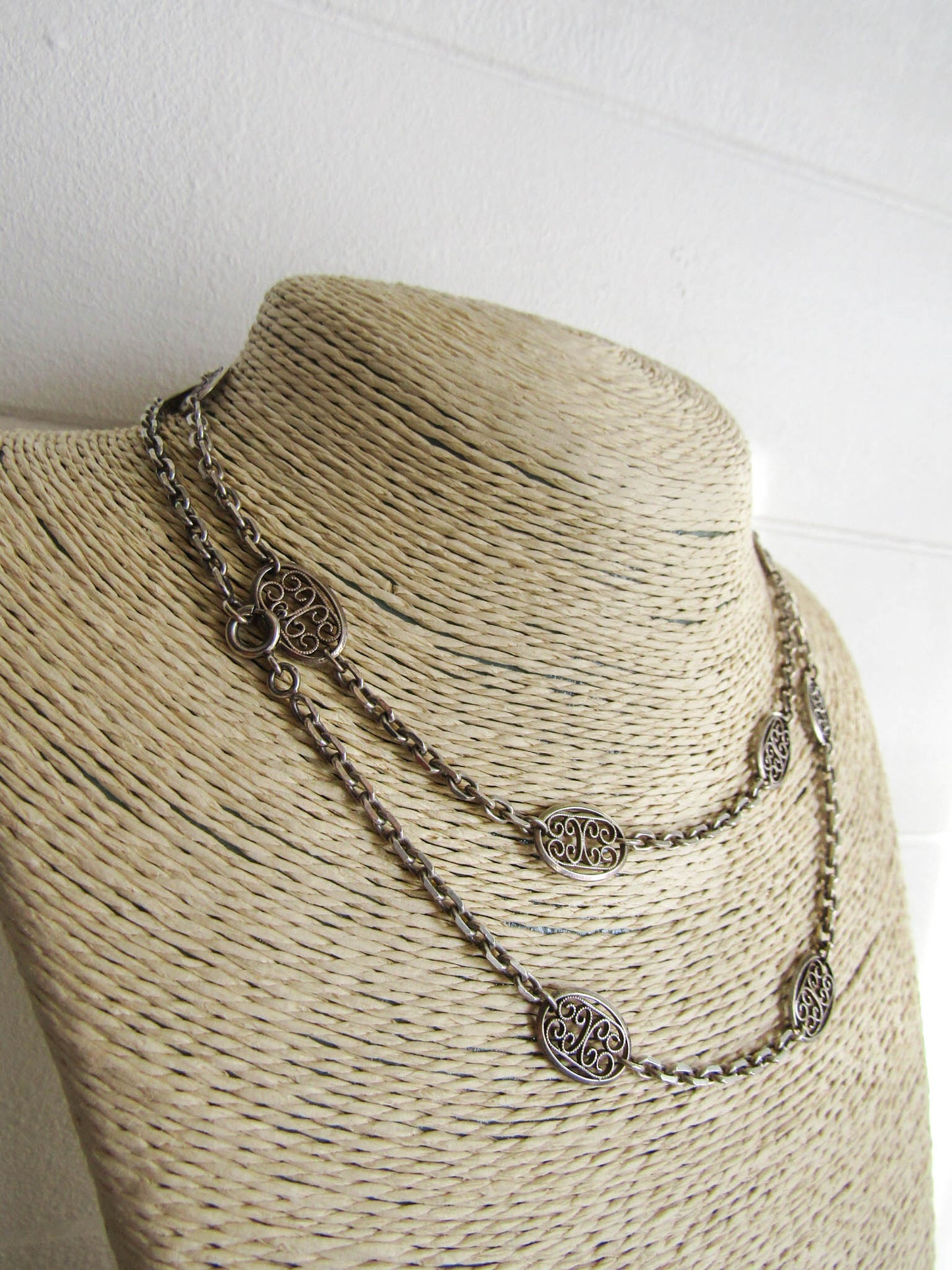 32" Antique Silver Victorian Filigree Chain