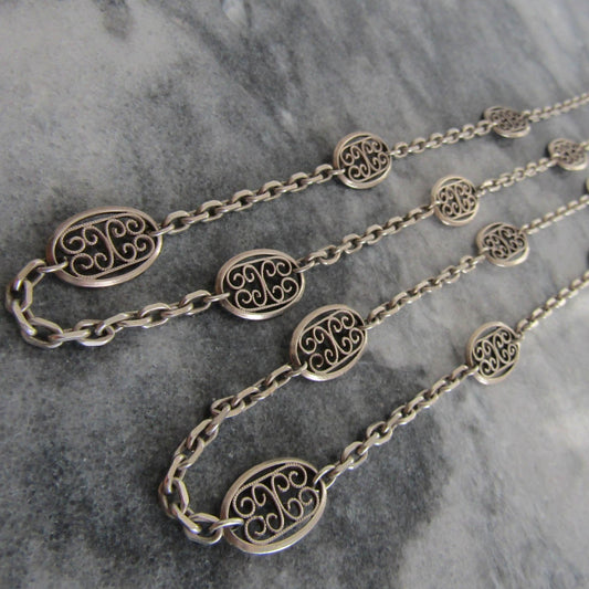 32" Antique Silver Victorian Filigree Chain