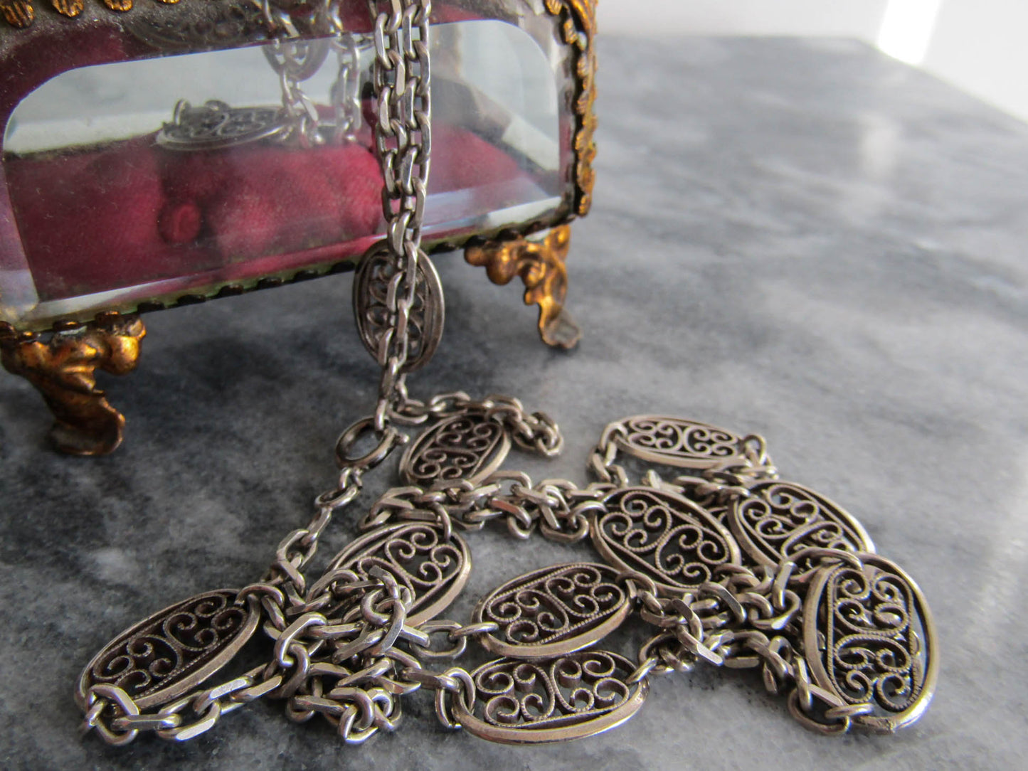 32" Antique Silver Victorian Filigree Chain