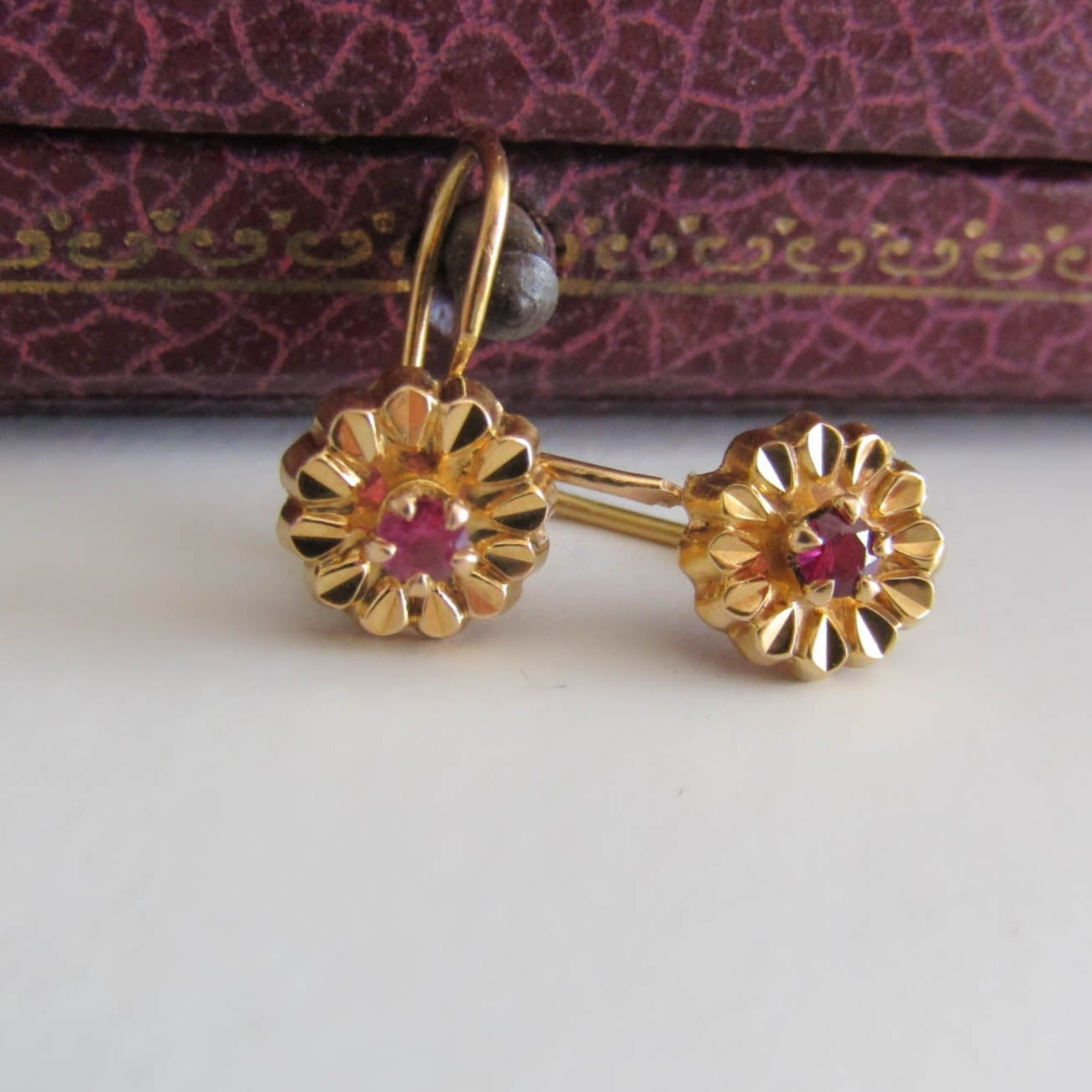 18K RUBY Floral Earrings, Vintage French Floral Drop Earrings