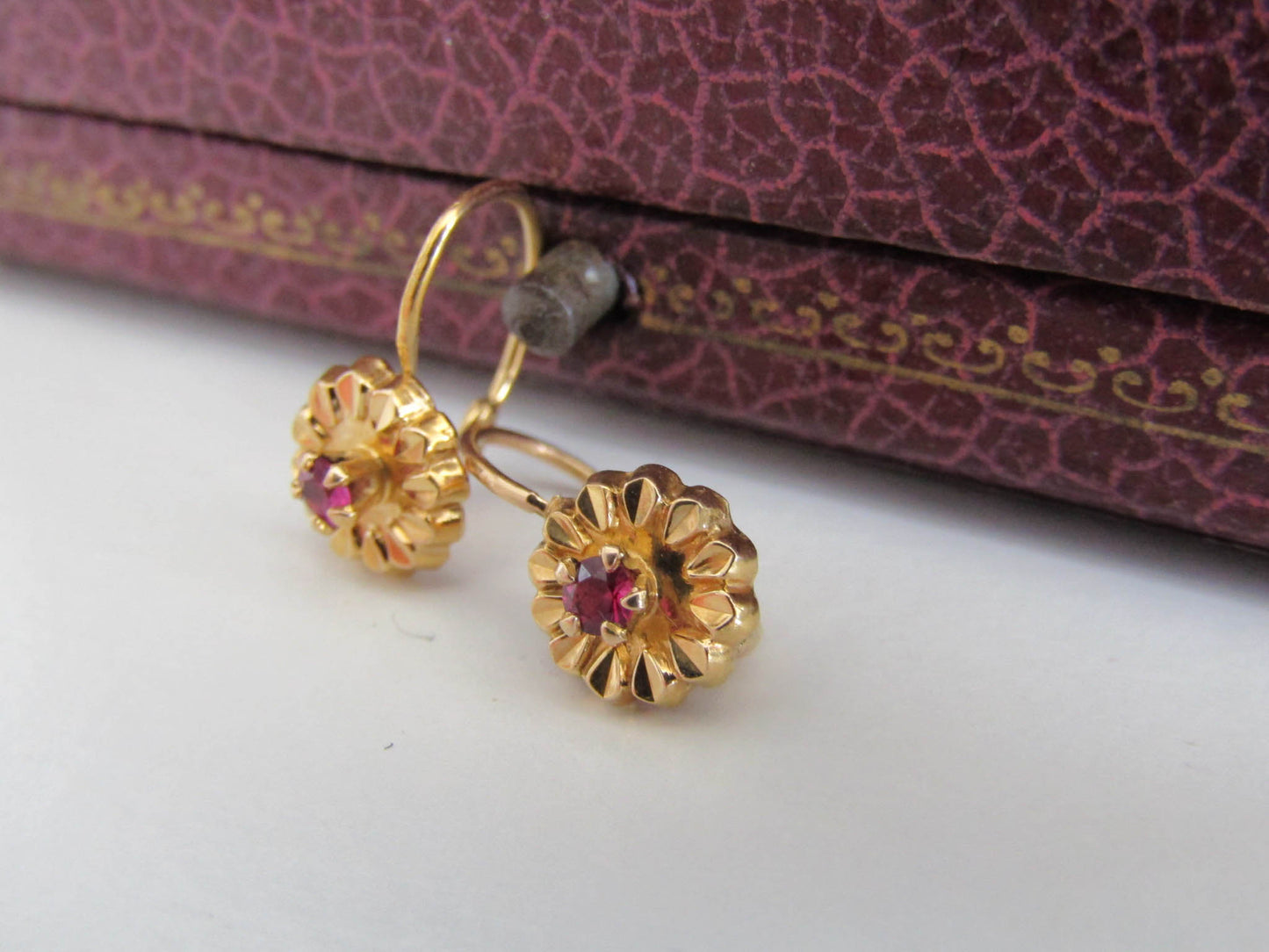 18K RUBY Floral Earrings, Vintage French Floral Drop Earrings