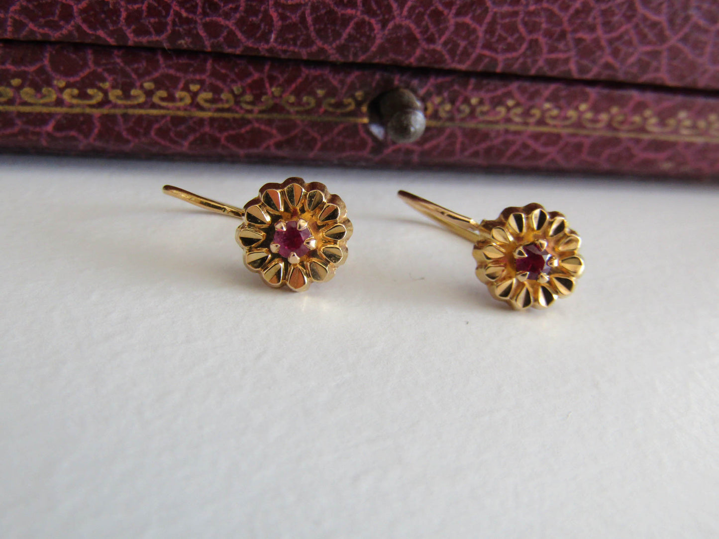 18K RUBY Floral Earrings, Vintage French Floral Drop Earrings