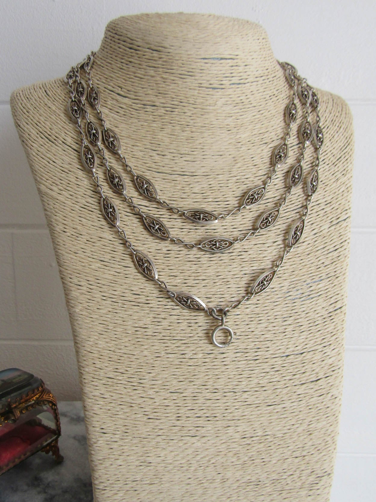 56" Silver Victorian Long Guard Chain, Antique French Silver Muff Chain with Hanging Bolt Ring