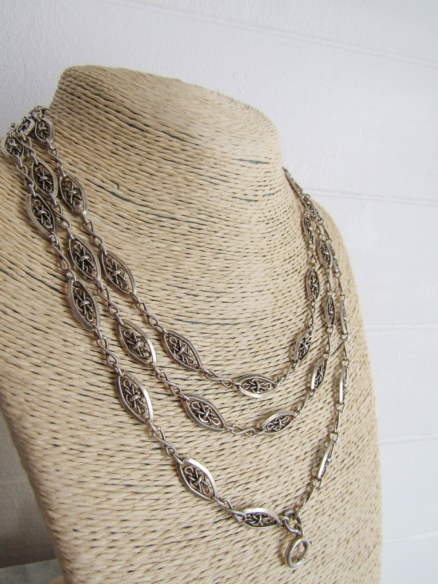 56" Silver Victorian Long Guard Chain, Antique French Silver Muff Chain with Hanging Bolt Ring