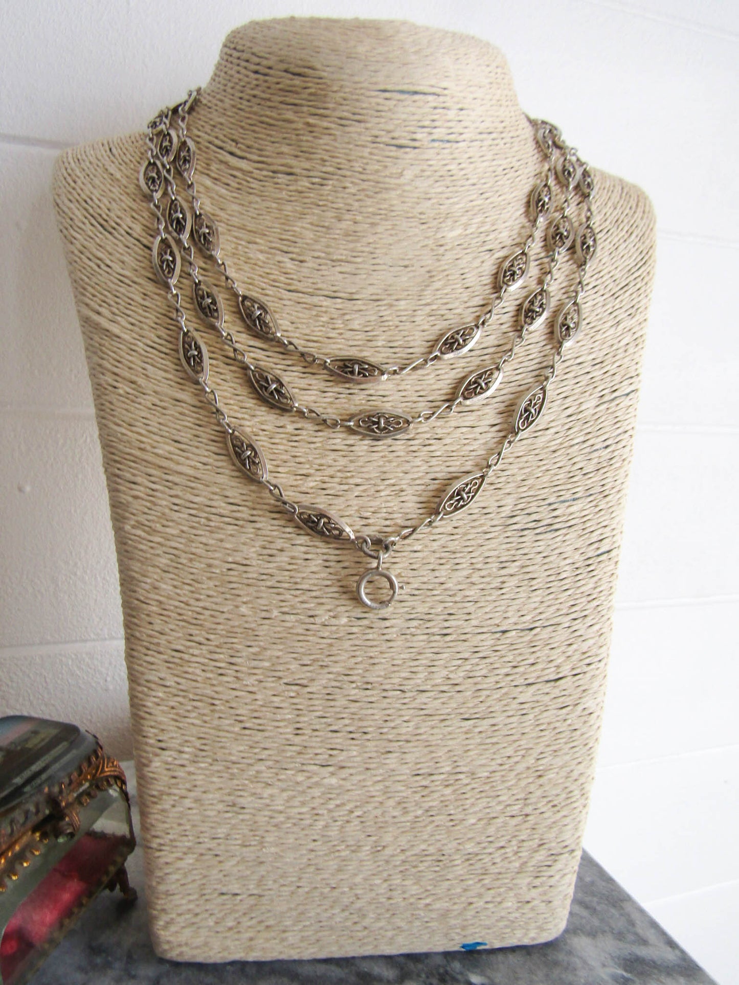 56" Silver Victorian Long Guard Chain, Antique French Silver Muff Chain with Hanging Bolt Ring