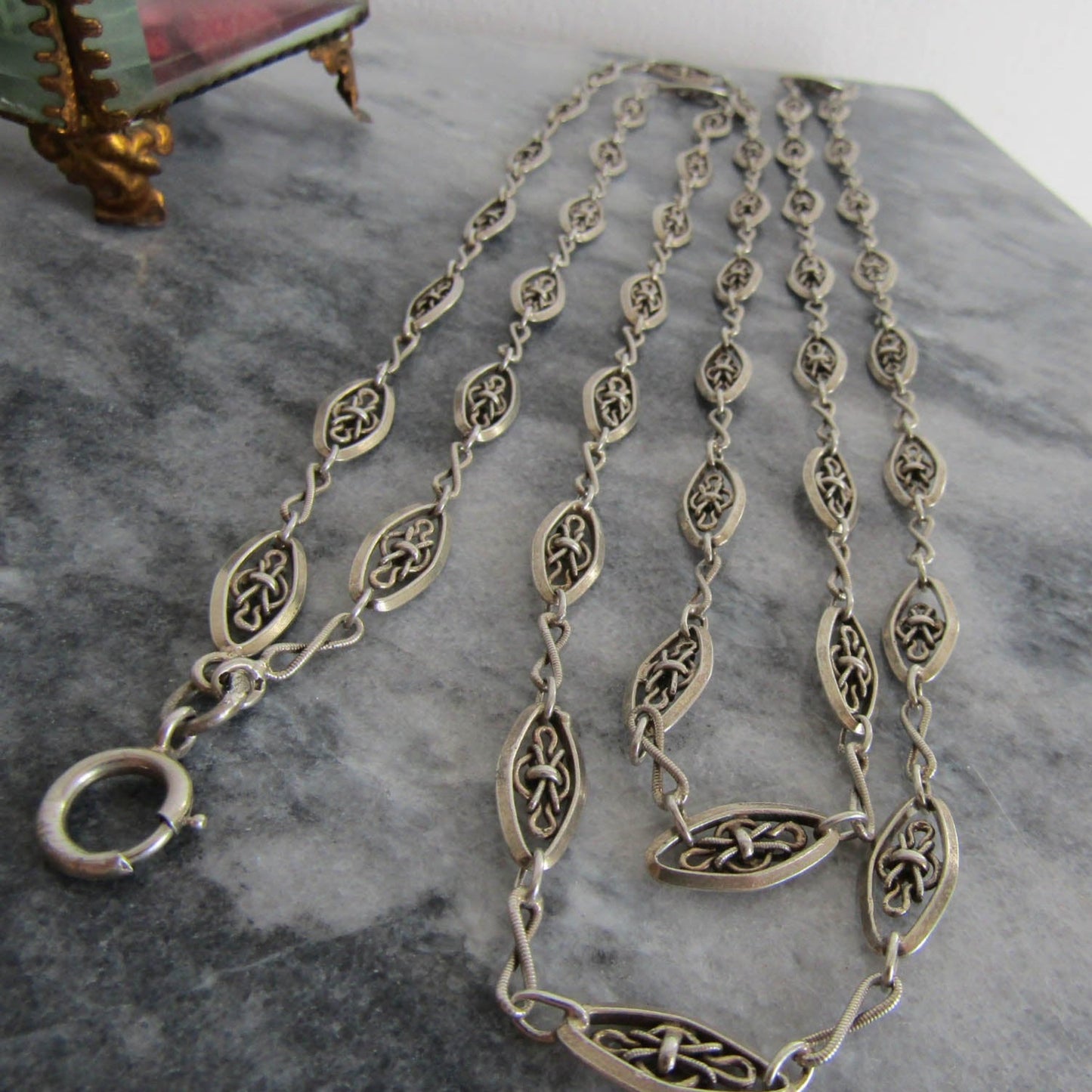 56" Silver Victorian Long Guard Chain, Antique French Silver Muff Chain with Hanging Bolt Ring