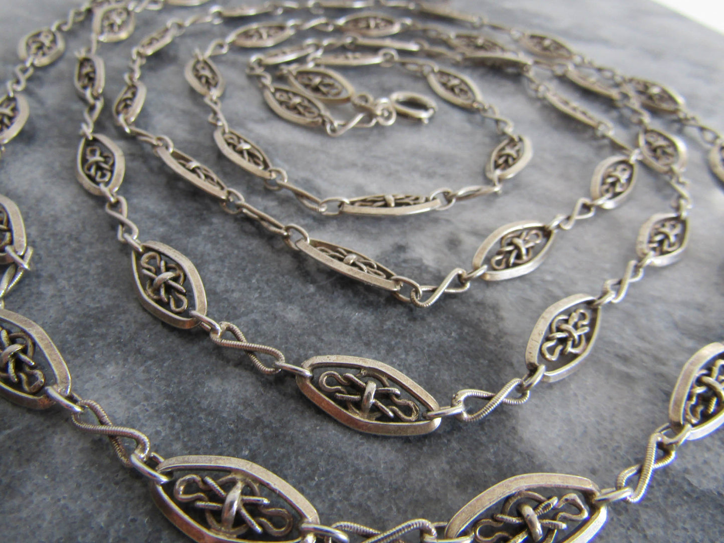 56" Silver Victorian Long Guard Chain, Antique French Silver Muff Chain with Hanging Bolt Ring