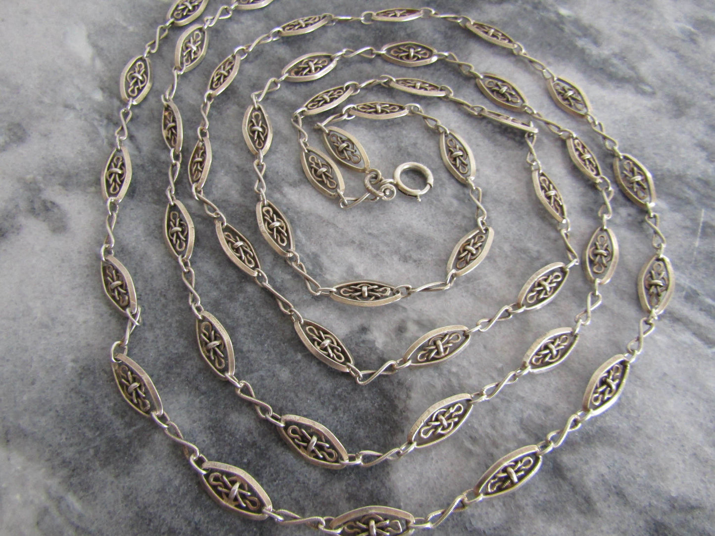 56" Silver Victorian Long Guard Chain, Antique French Silver Muff Chain with Hanging Bolt Ring