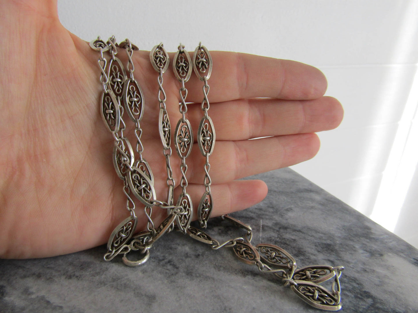 56" Silver Victorian Long Guard Chain, Antique French Silver Muff Chain with Hanging Bolt Ring