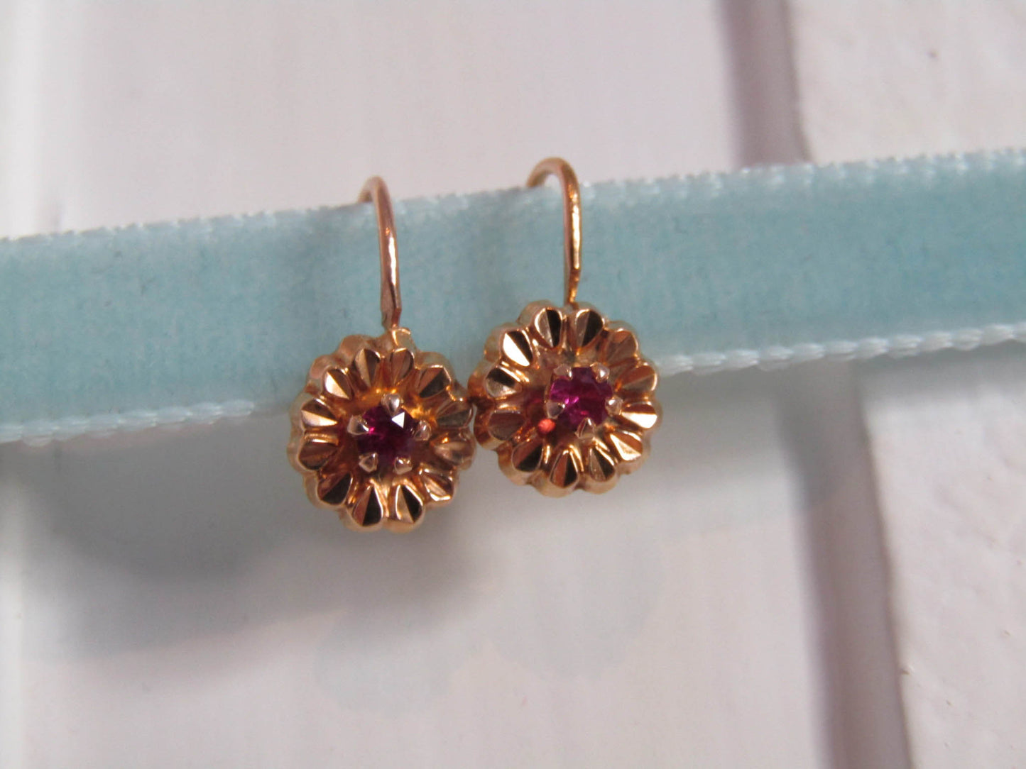 18K RUBY Floral Earrings, Vintage French Floral Drop Earrings