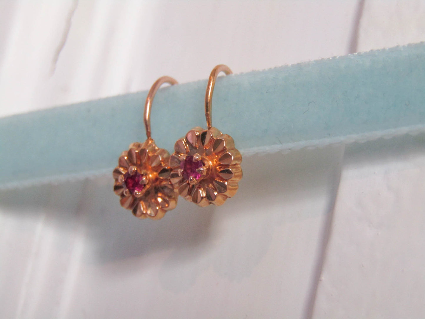 18K RUBY Floral Earrings, Vintage French Floral Drop Earrings