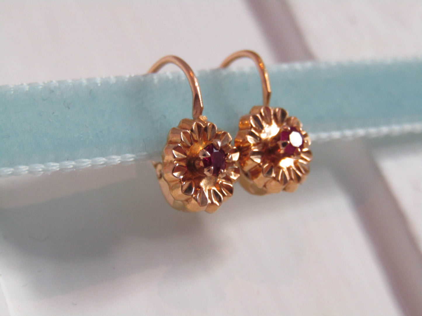 18K RUBY Floral Earrings, Vintage French Floral Drop Earrings