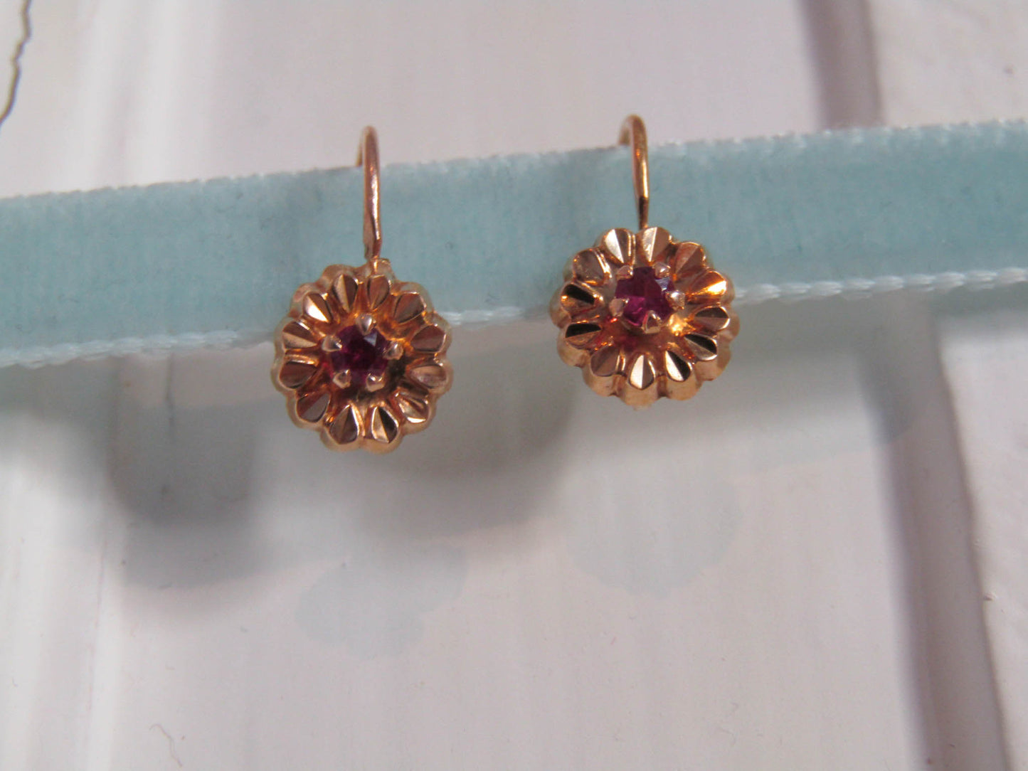 18K RUBY Floral Earrings, Vintage French Floral Drop Earrings