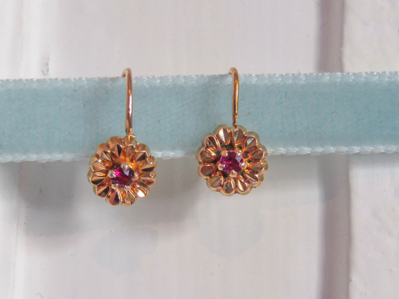 18K RUBY Floral Earrings, Vintage French Floral Drop Earrings