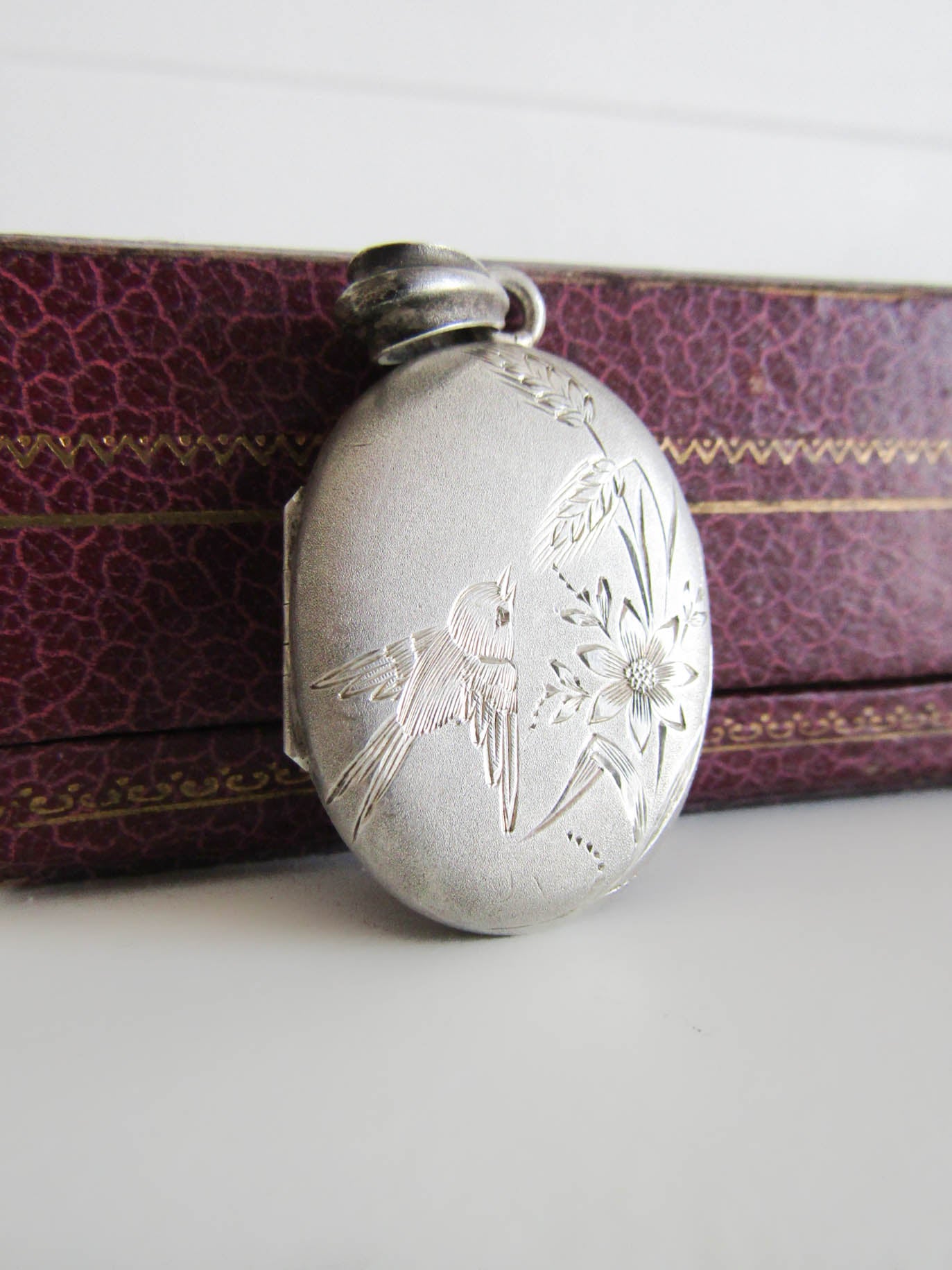 Large Antique Silver Bird Locket with Hinged Glass Partition, French Belle Epoque locket