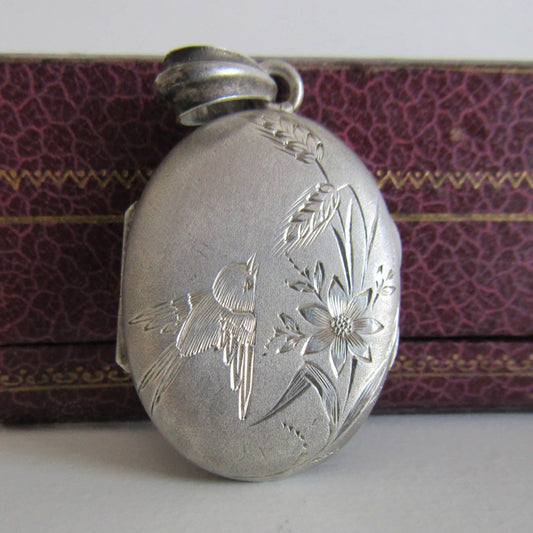 Large Antique Silver Bird Locket with Hinged Glass Partition, French Belle Epoque locket