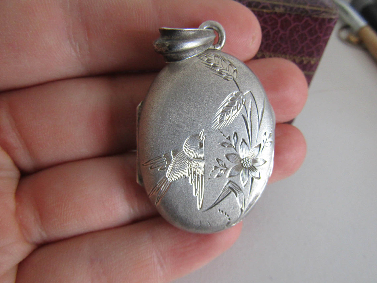 Large Antique Silver Bird Locket with Hinged Glass Partition, French Belle Epoque locket