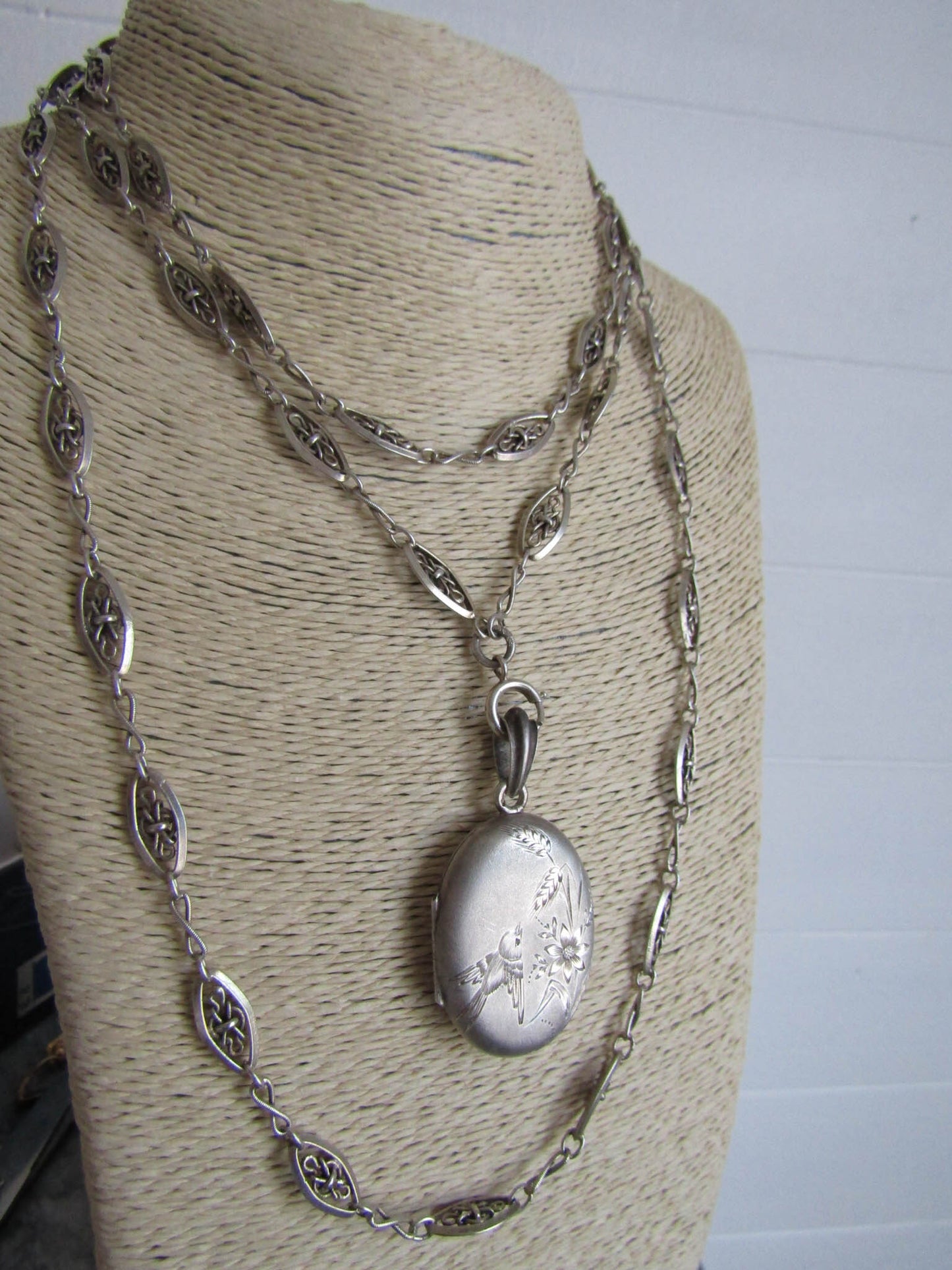 Large Antique Silver Bird Locket with Hinged Glass Partition, French Belle Epoque locket