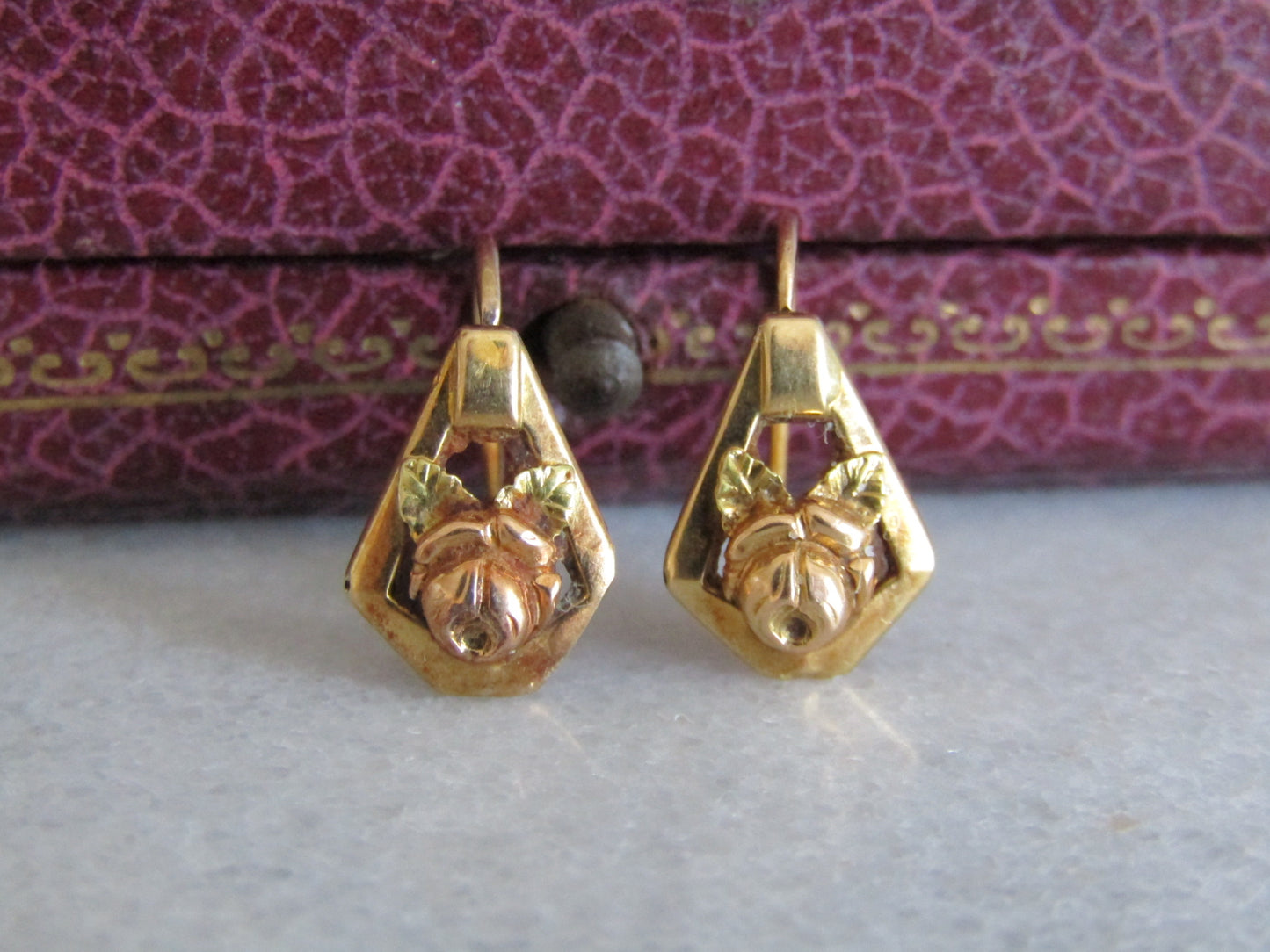 18k Rose Art Deco Floral Drop Earrings, Antique French Floral Earrings