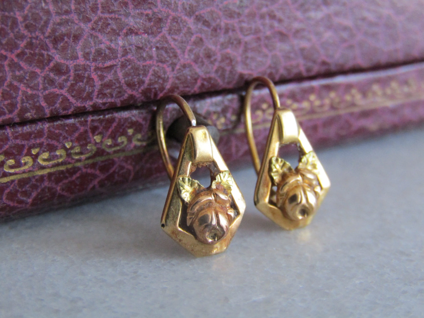 18k Rose Art Deco Floral Drop Earrings, Antique French Floral Earrings