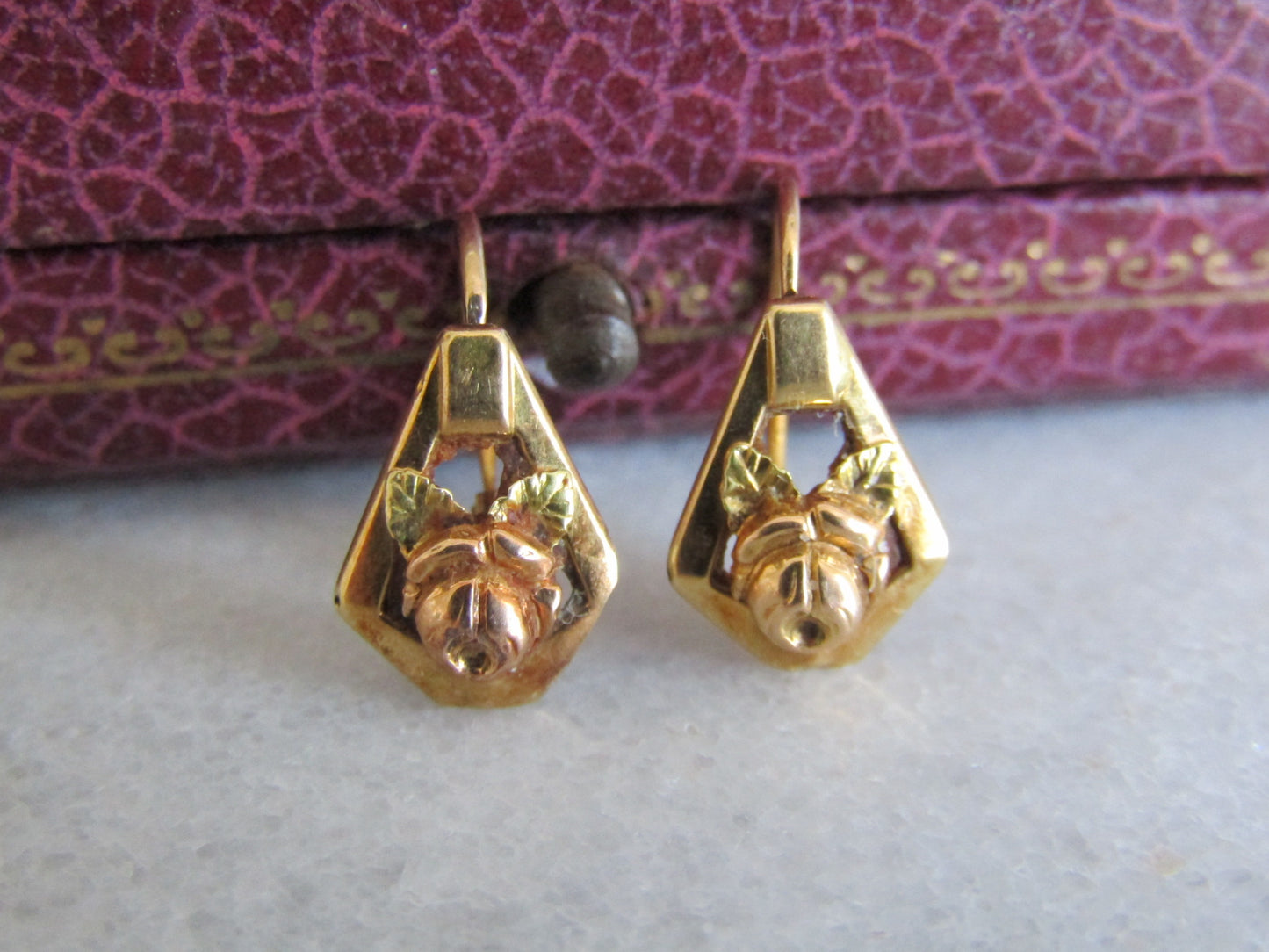 18k Rose Art Deco Floral Drop Earrings, Antique French Floral Earrings