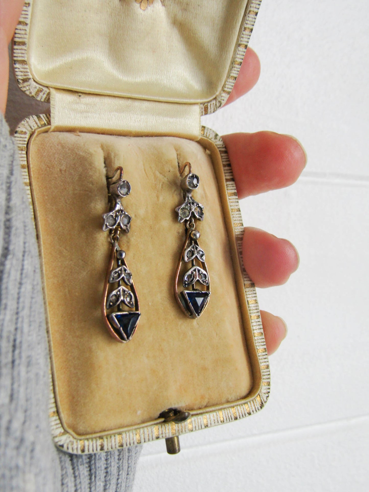 12K Gold and Silver Antique Drop Paste Earrings, Italian Floral Dangle Earrings