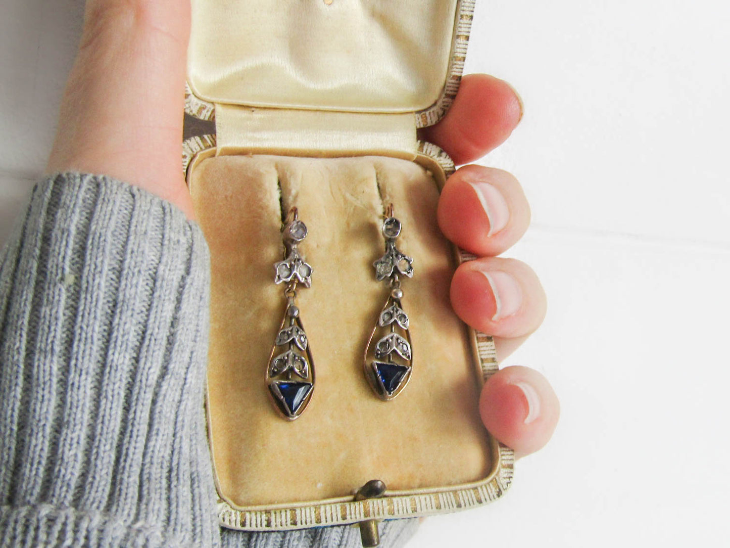 12K Gold and Silver Antique Drop Paste Earrings, Italian Floral Dangle Earrings